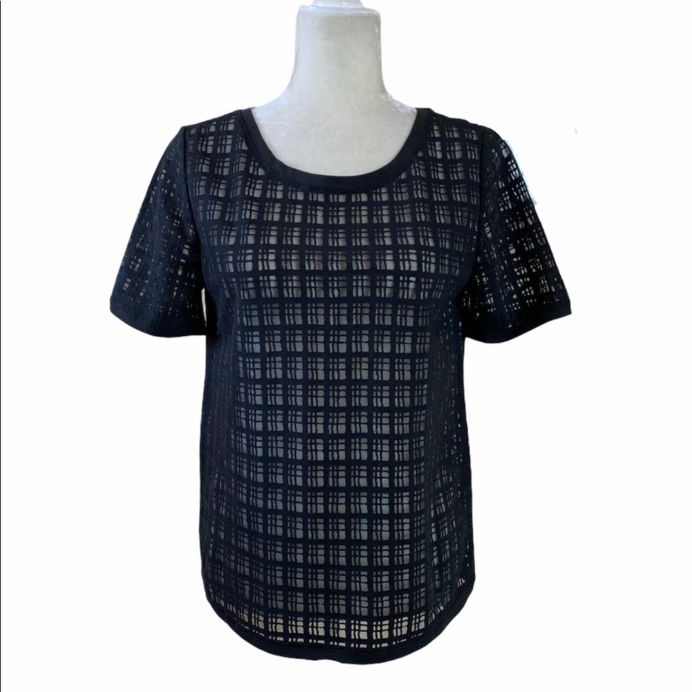 Ann Taylor Loft Black Sheer Grid Pattern T-Shirt Style Top Size Small - Picture 2 of 10